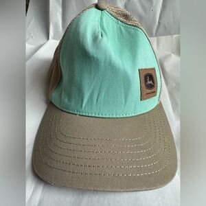 John Deere aqua green and tan mesh back trucker hat